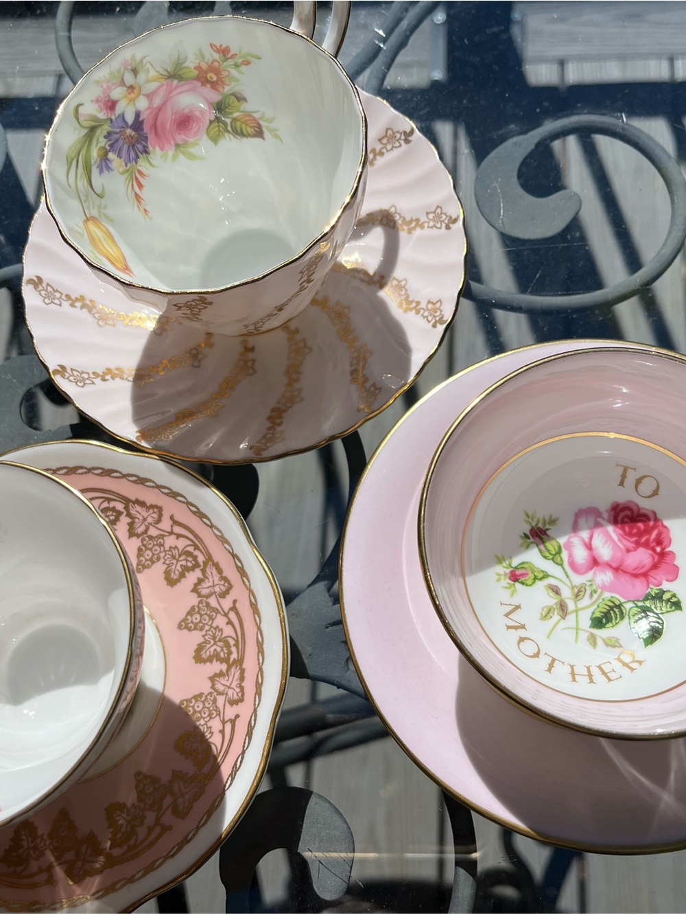 3 Vintage Pink Floral Bone China Teacup and Saucer Set - Pink